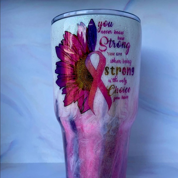 Flower breast cancer awareness hot cold pink white marble / crystal cup glitter